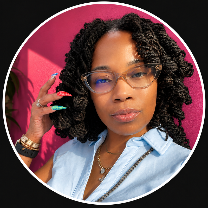 Leonia Moore wearing glasses against a fuchsia background